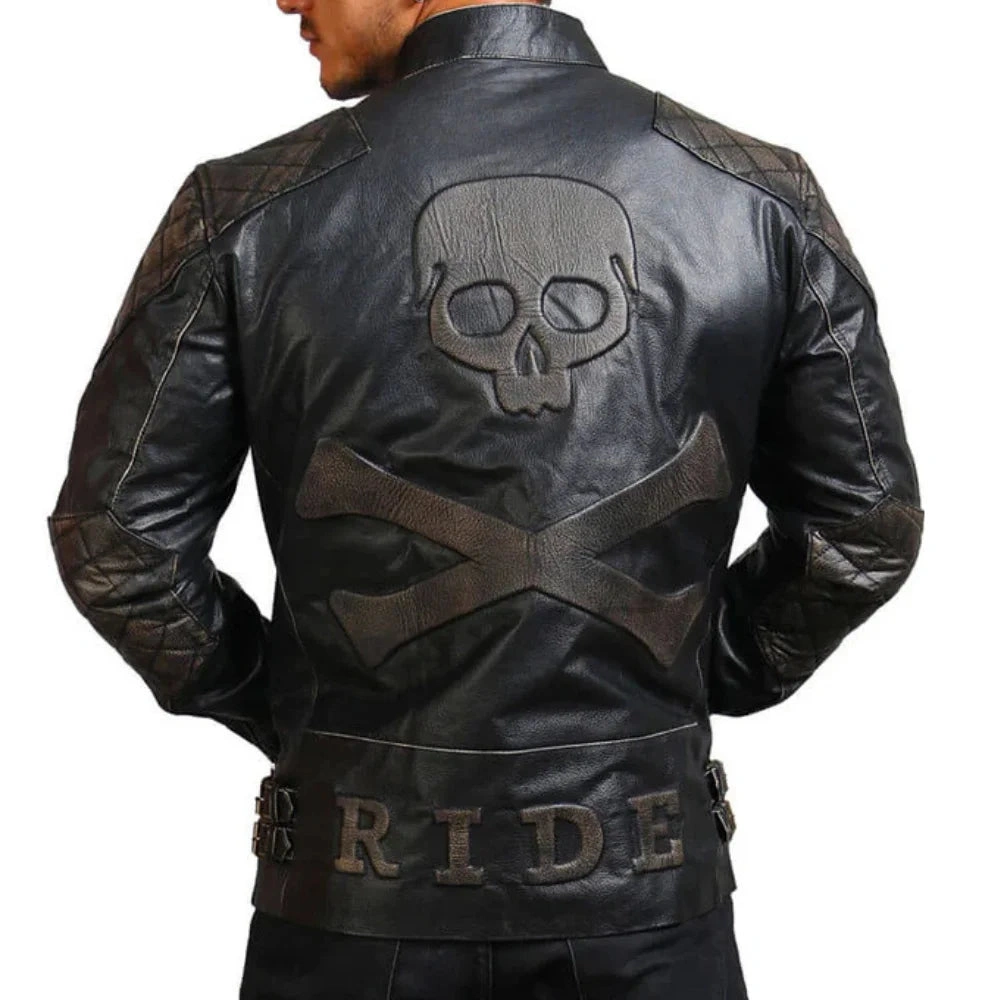 Veste en cuir asymétrique Homme Crâne et os style rebelle audacieux et unique